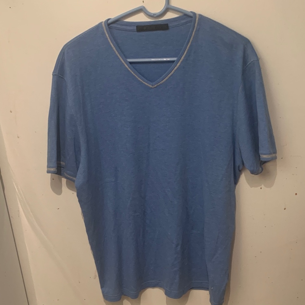 Gorgeous Raffi Sky Blue V-Neck Tee with light grey trim 100% Soft Cotton SZ XL